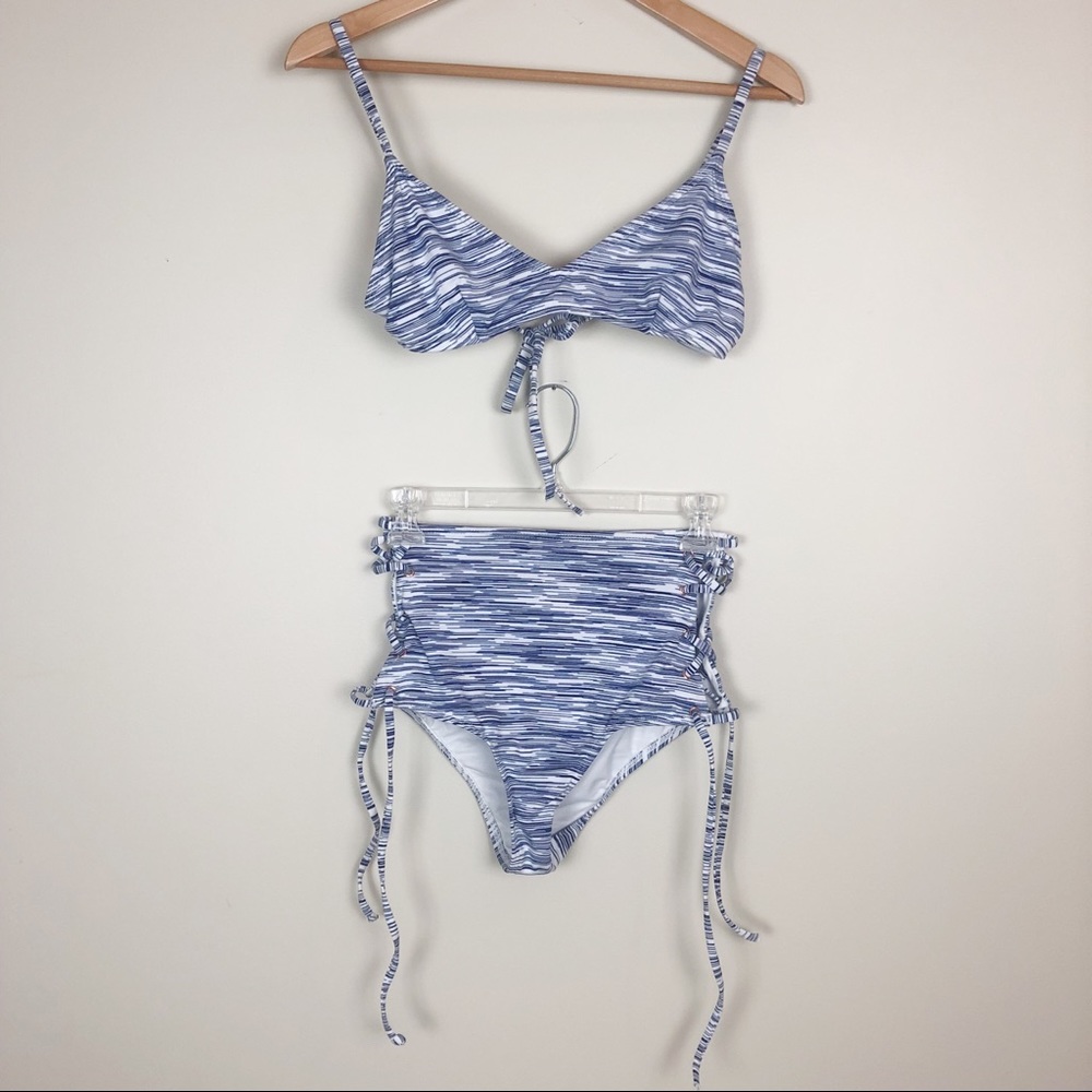 Blue Striped High-Waist Bikini Set - Women Swim